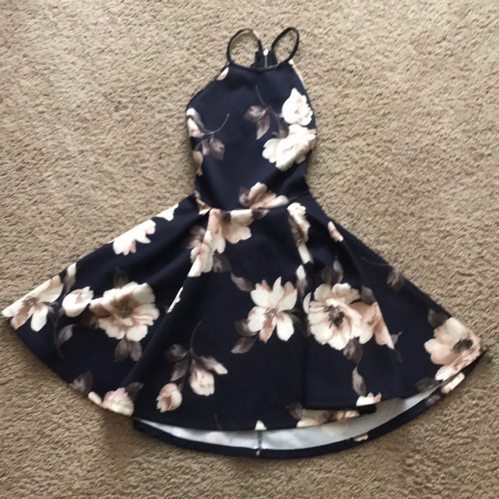 Blue floral fit and flare lace backed dress
